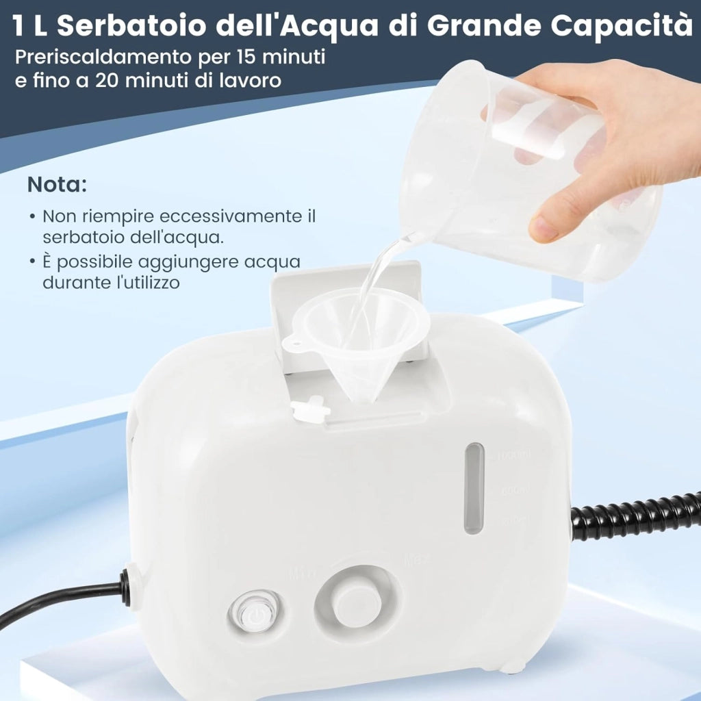 1600W Pulitore a Vapore Portatile, Vaporizzatore Domestico con Serbatoio d'Acqua 1 L (Sostenibile), Tempo Riscaldamento 10s, Macchina per Pulizia a Vapore Multiuso (Bianco)