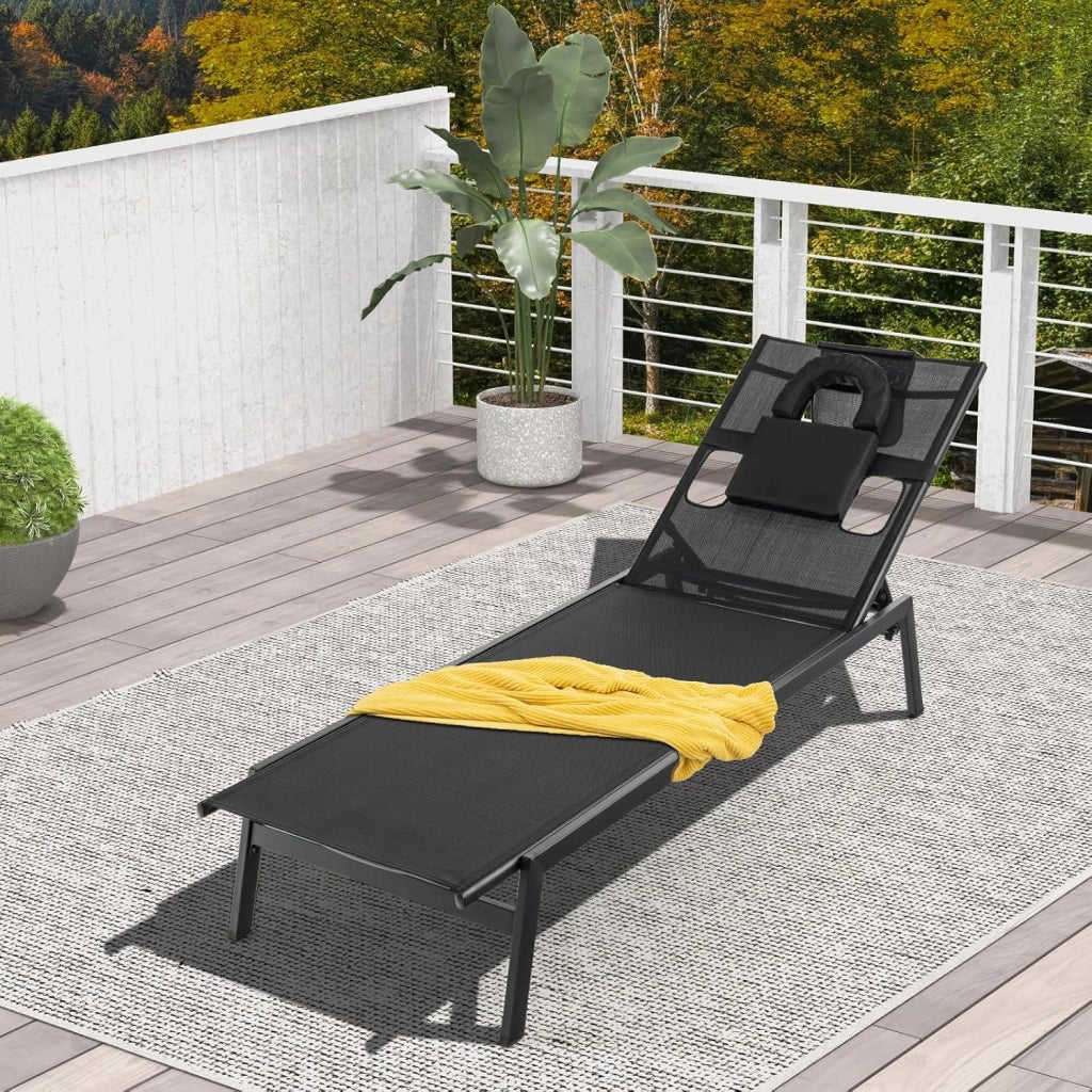 Lettino Abbronzante con Apertura per Viso e Fori Laterali, Sedia a Sdraio Regolabile in 5 Posizioni con Cuscino Rimovibile, Ideale per Giardino e Piscina, Lettino Estivo in Metallo