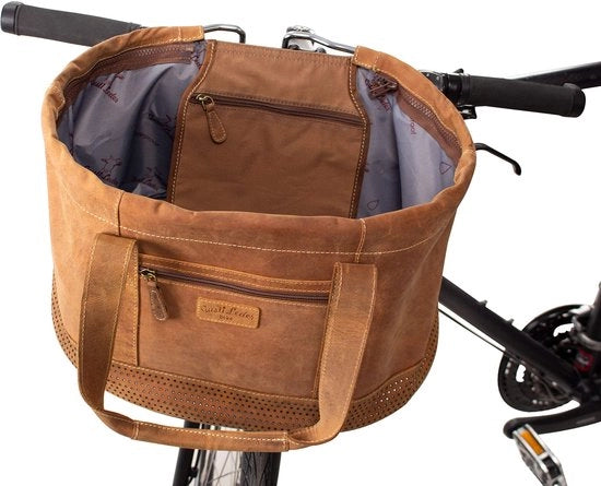 Stuoia portatile con cuscino da seduta in pelle marrone rimovibile con tasca per manubrio e cesta da picnic.