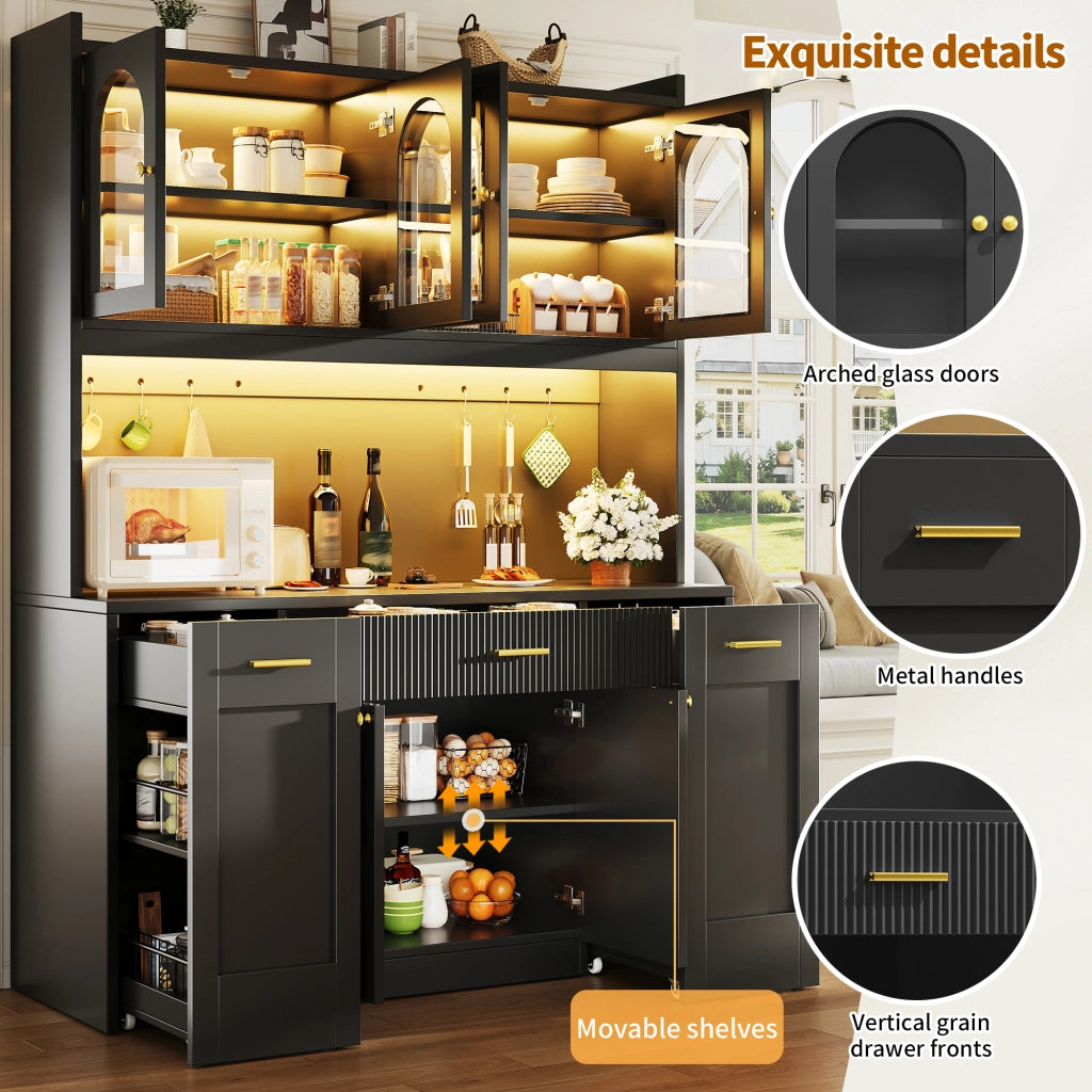 Credenza alta da cucina con LED RGB e app, 3 vetrine, cassetti e ripiani estraibili, nero, 120 × 40 × 187 cm