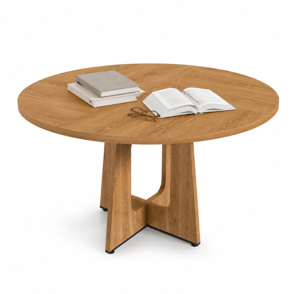 Tavolo rotondo da pranzo ? 120 cm in MDF effetto rovere; per 4-6 persone