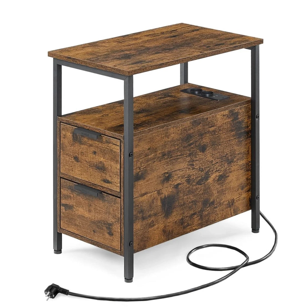 Tavolino laterale con multipresa tavolino sottile 60 x 35 x 61 cm con 2 cassetti comodino con contenitore per soggiorno/camera da letto marrone rustico e nero classico 12_0007550