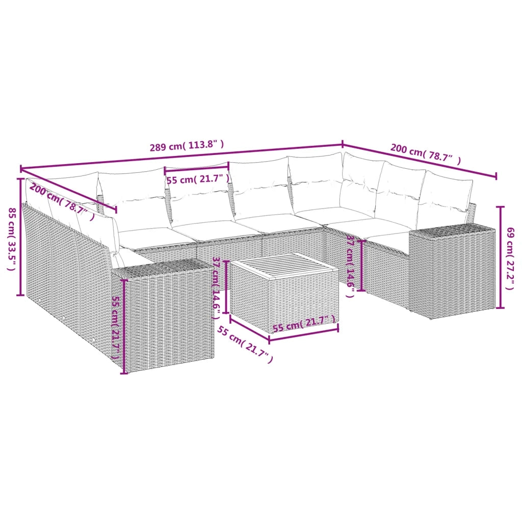 Set Divani da Giardino 10pz con Cuscini in Polyrattan Nero 3257917