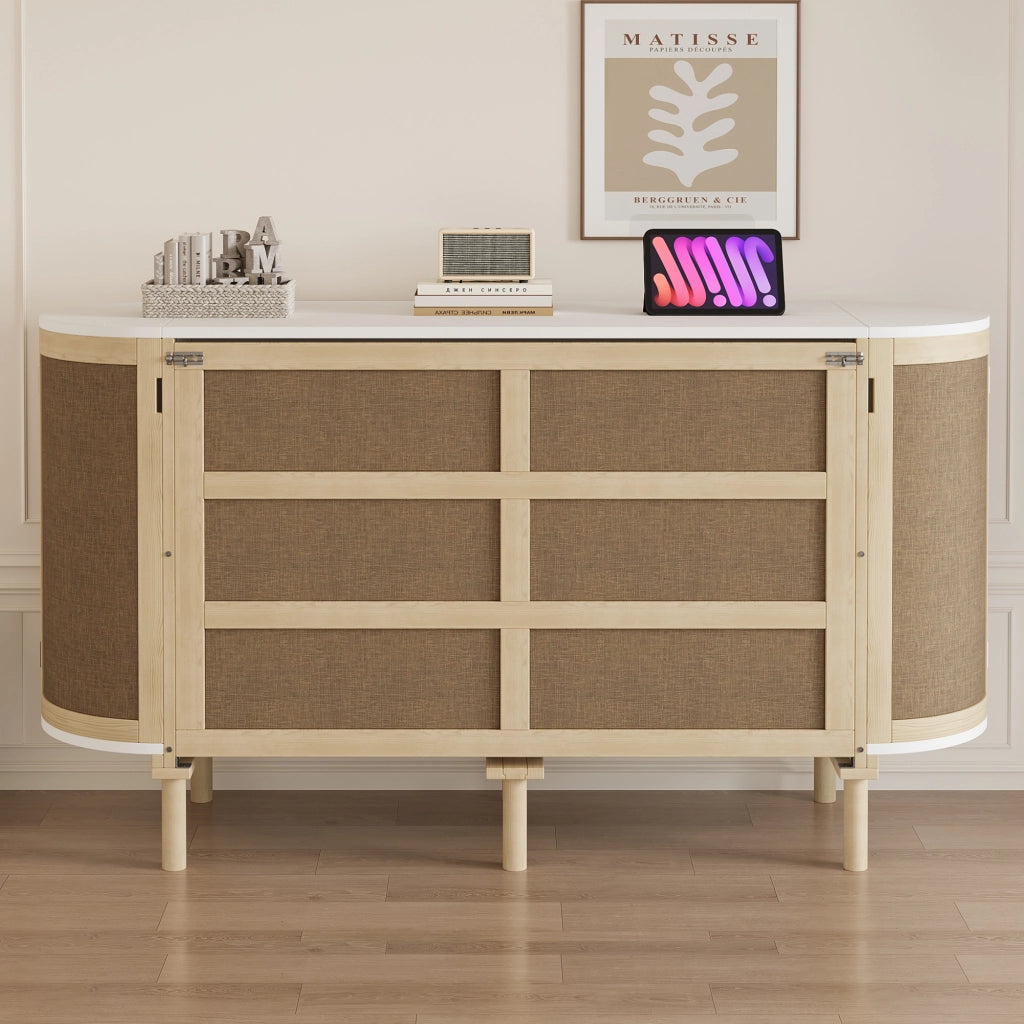 OKWISH Letto a scomparsa 140×200 cm, Letto Matrimoniale con Contenimento, Mensole e Design in Rattan, senza Materasso, in Legno, Naturale