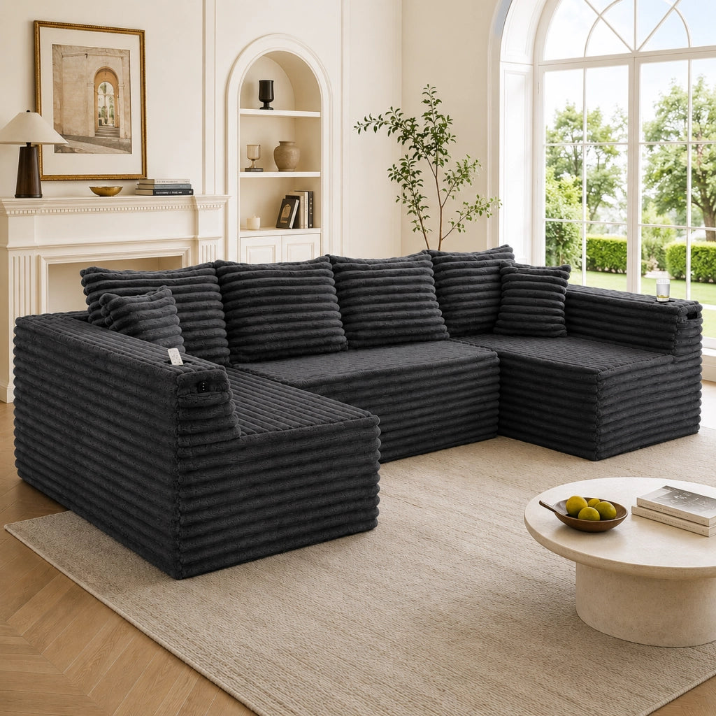 DIVANO modulare a U 320x155x88 cm in corduroy grigio scuro