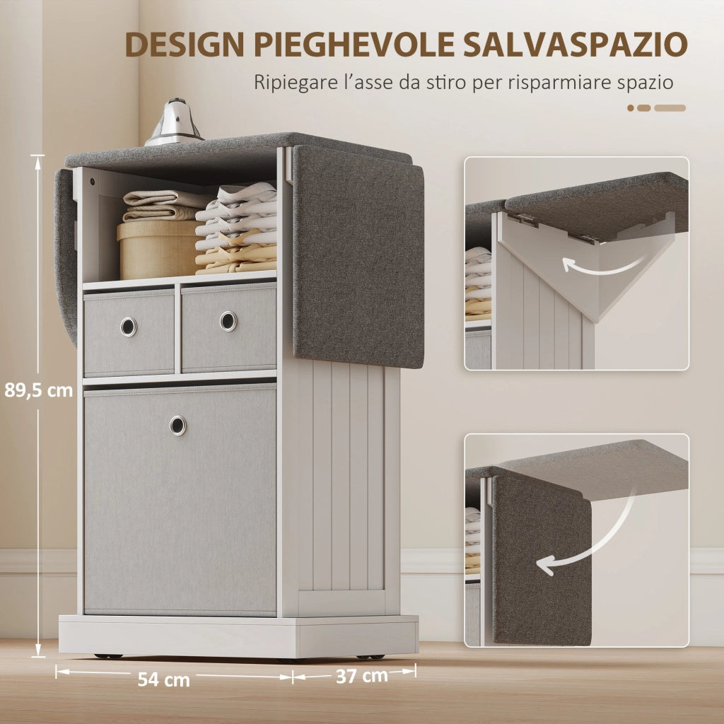 Mobile Asse da Stiro Pieghevole con 3 Cassetti ¨C zephmum ¨C Bianco Grigio 121x37x90 cm