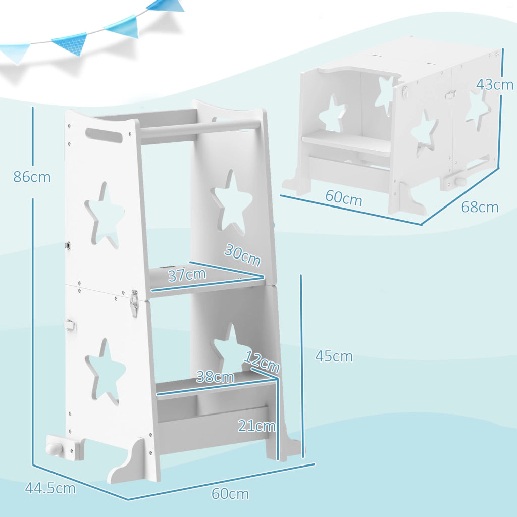 Scala Montessori Convertibile in Set Tavolo e Sedie con Barra di Sicurezza. in Legno. 60x44.5x86 cm. Bianco