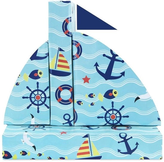 Papier per confezionamento Tema nautico - Cadeaupapier per ragazzi - Blu chiaro - 4 fogli con spago - Vela/Anchiglia/Gilet di salvataggio - Carta di alta qualità