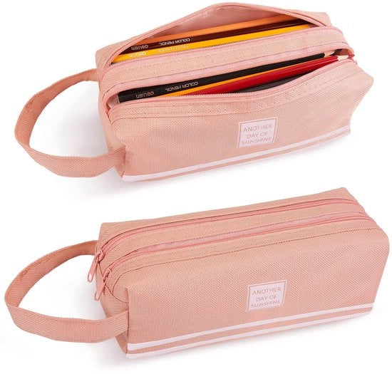 Etui grande, 2-compartmenti per bambini, ragazzi e ragazze, con maniglia in Oxford in tessuto e rivestimento in pelle (rosa)