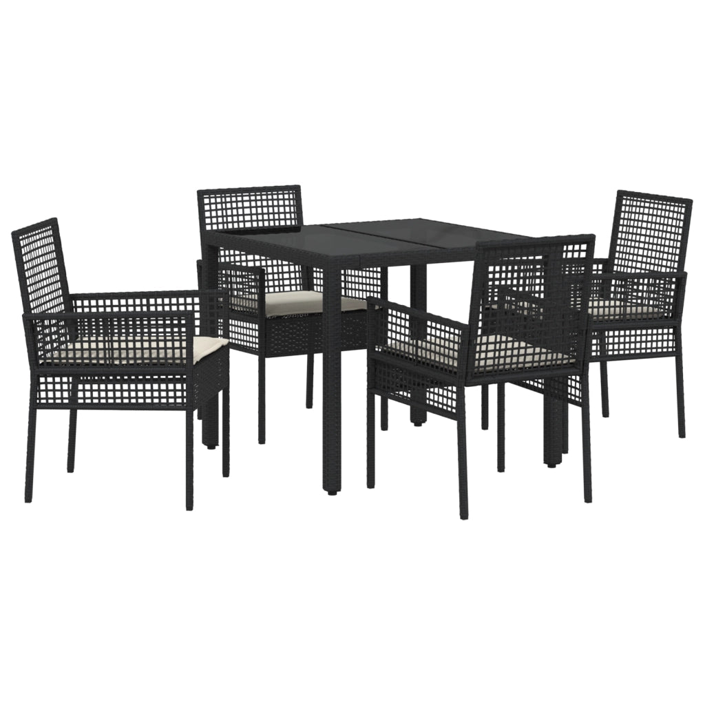 Set da pranzo da giardino in 5 pezzi con cuscini in polyrattan nero
