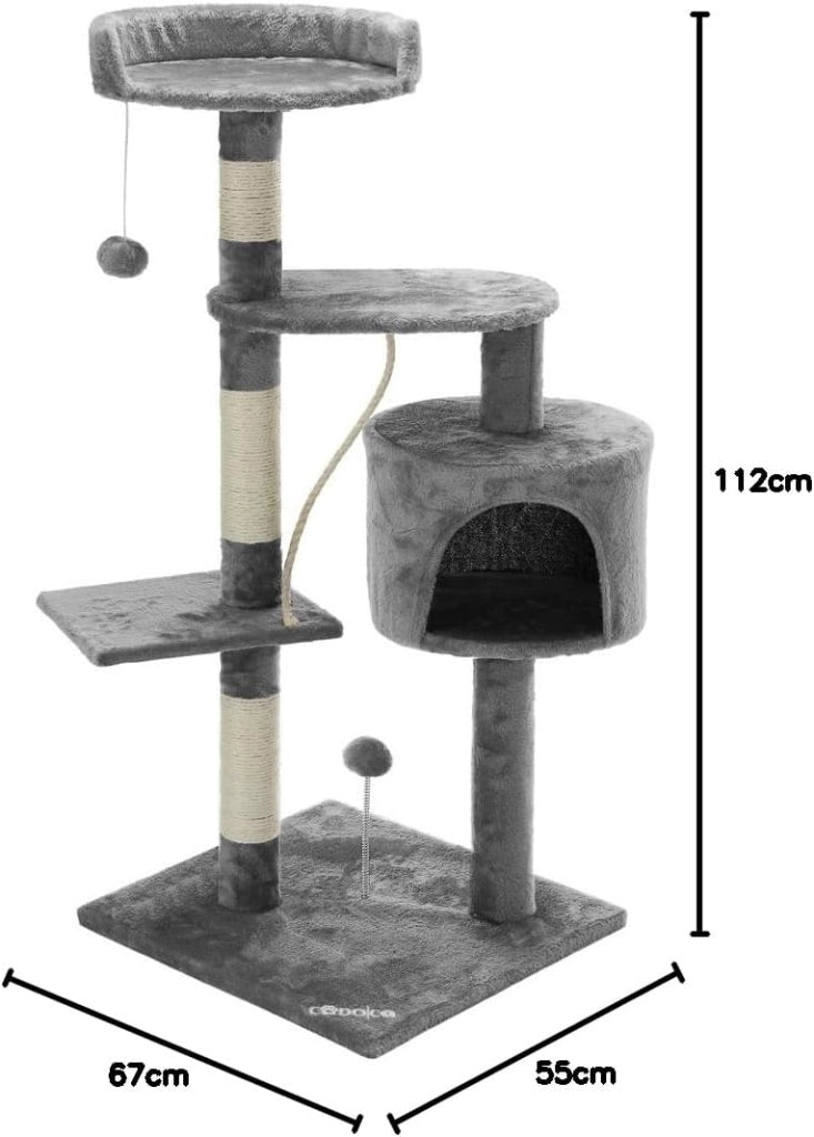 Albero Tiragraffi 112 cm 3 Piattaforme 1 Cuccia per Gatti 2 Palline 1 Corda da Gioco Affila Unghie Gatto
