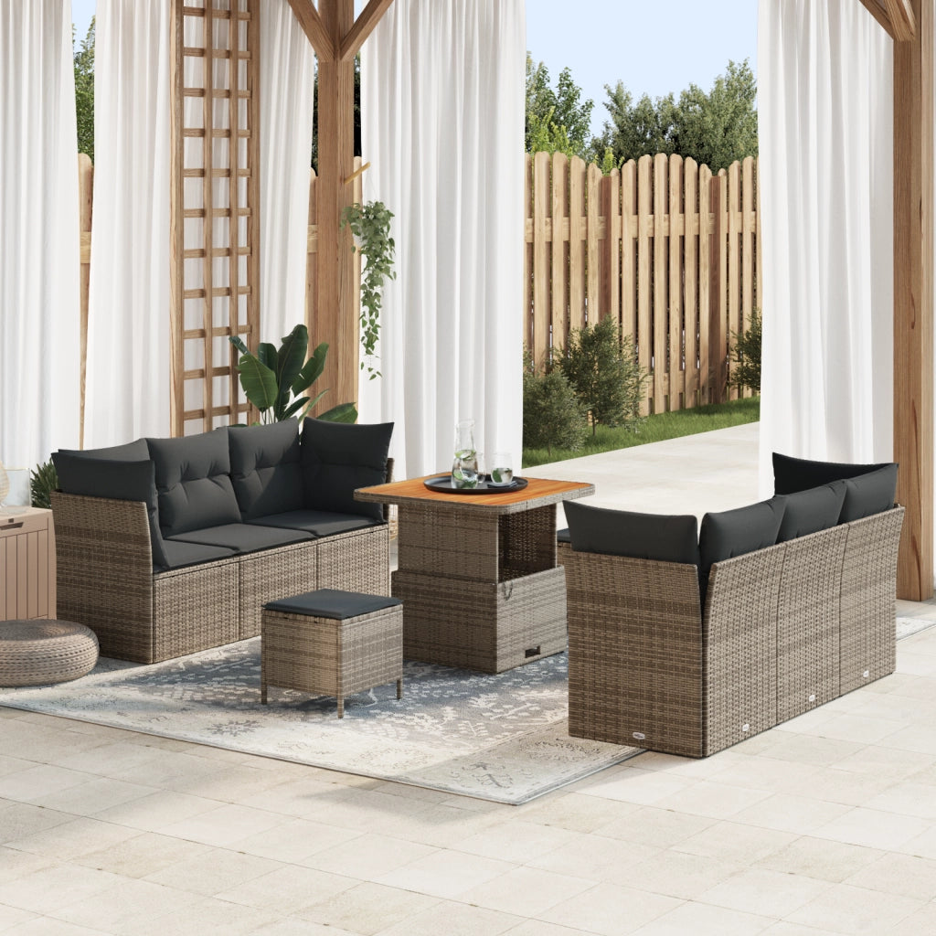 Set di divano da giardino  9 pezzi con cuscini Grigio Polyrattan Acacia