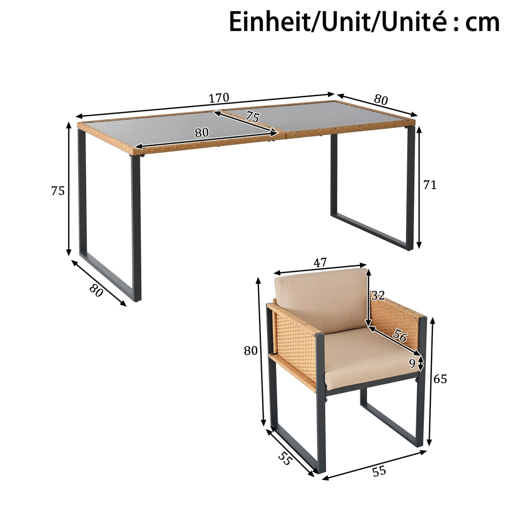 OKWISH Set da 7 Tavolo e 6 Sedie da Giardino per 6 Persone, Cuscini con Rivestimento Sfoderabile, Rattan e Tessuto Nero Marrone