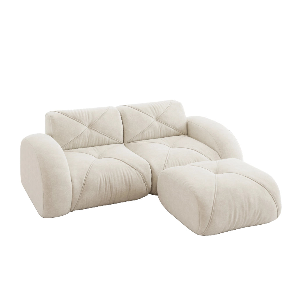 Divano modulare 2 posti con pouf in schiuma 32D ad alta densità senza struttura ciniglia beige chiaro 204 × 171 × 76 cm