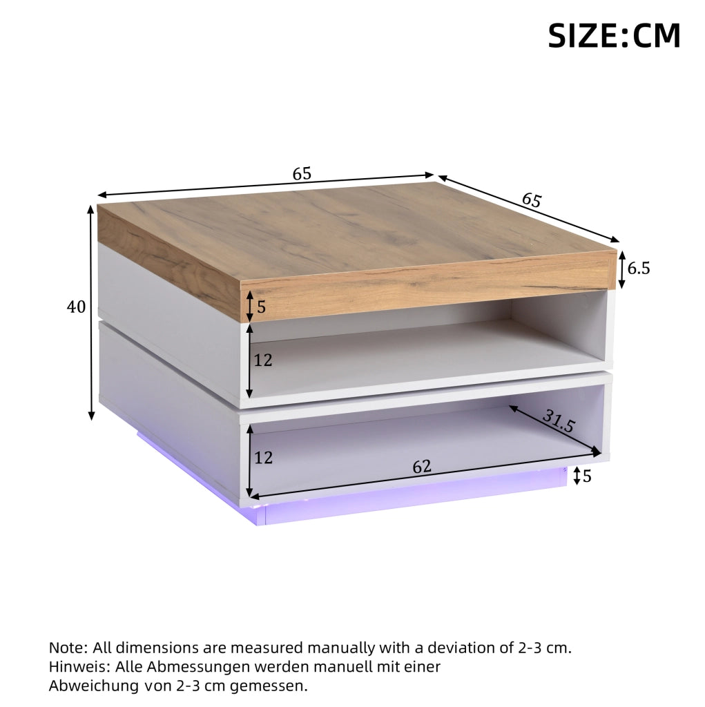 Tavolino da caffè quadrato girevole 360° con LED e vani aperti 65x65x40 cm in MDF bianco e rovere