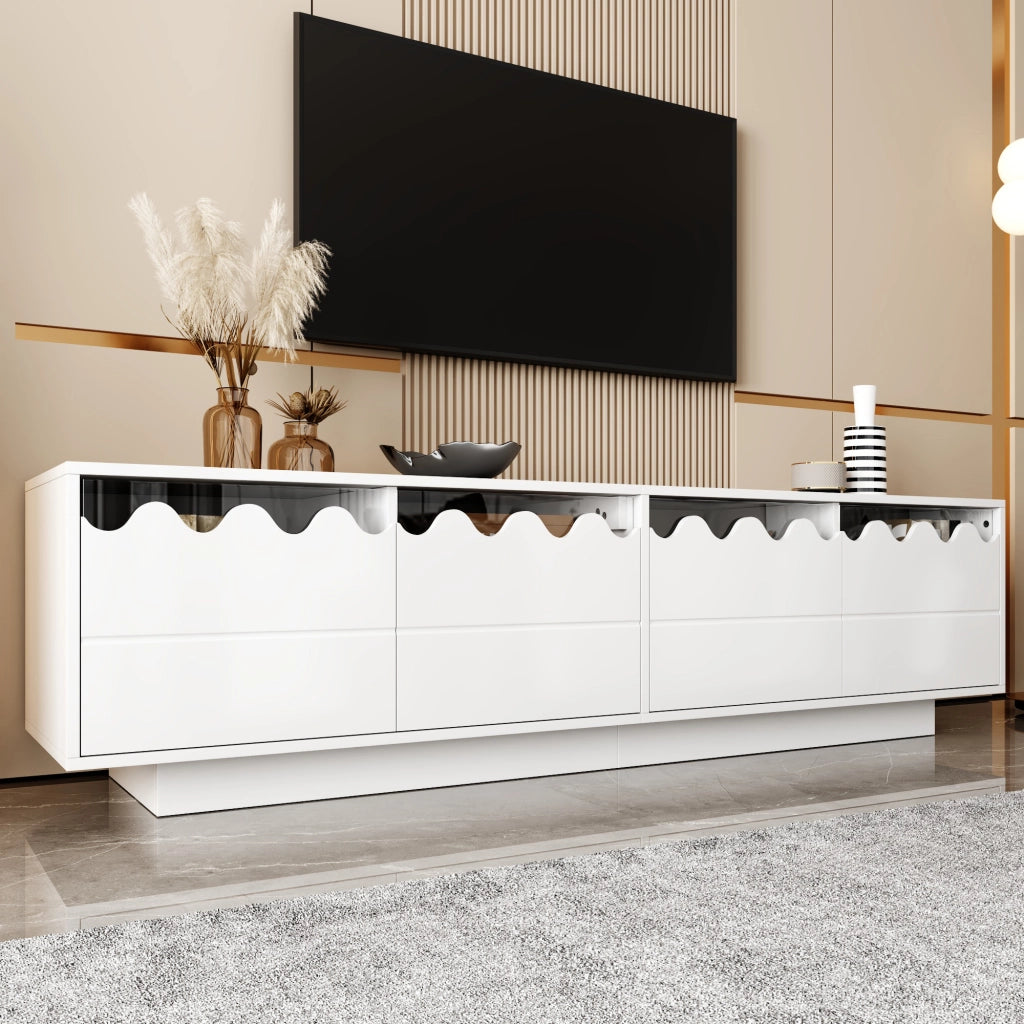 OKWISH Mobile TV con 4 Ante e Ripiani in Vetro Temperato, Design Ondulato, per Soggiorno, MDF e PB, 170 x 40 x 45 cm