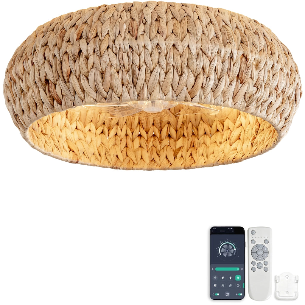 Ventilatore a incasso 19 pollici con luce, pale ABS effetto rattan, doppio controllo app e telecomando, 6 velocit¨¤ reversibili, moderno