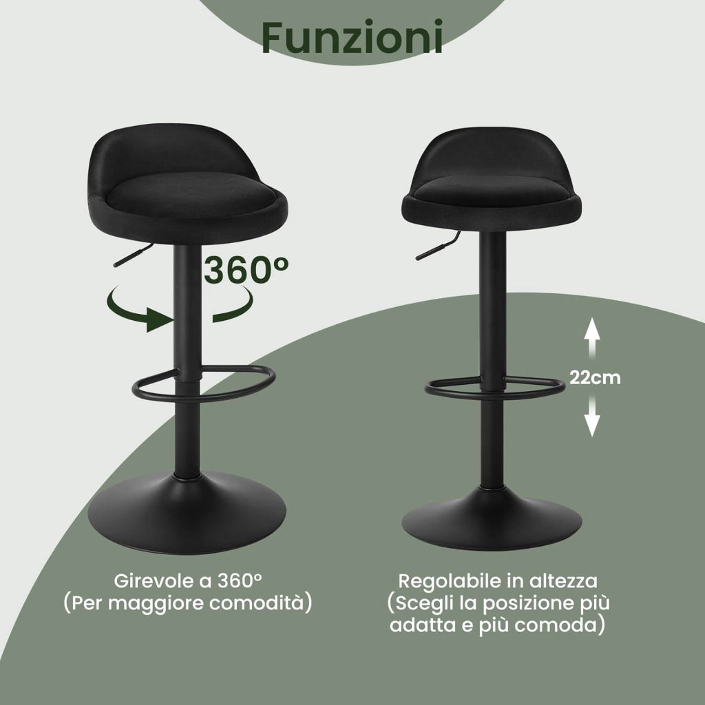 Sgabelli da Cucina in Velluto con Poggiapiedi Sgabelli da Bar Moderni per Bancone Penisola Sedie Alte Girevoli Altezza Seduta Regolabile 62-84cm, Nero 2 Pezzi 0824BY-2