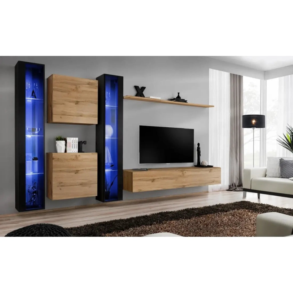 Mobile da salotto a parete SWITCH XVI design, colore rovere Wotan e nero lucido.