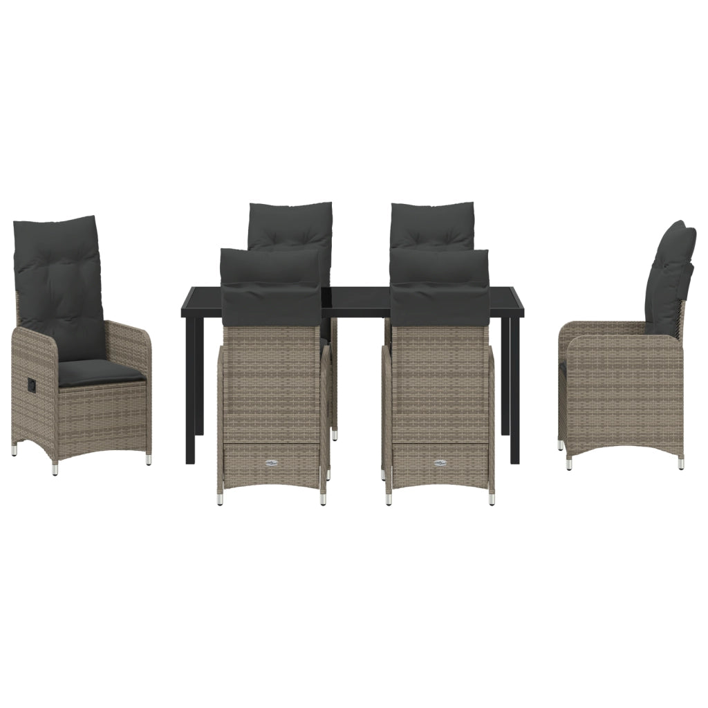 Set da Pranzo da Giardino 7 Pezzi con Cuscini in Grigio Polyrattan