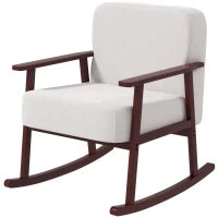 Poltrona a Dondolo in Tessuto Effetto Lino e Legno con Braccioli e Cuscini, 66x78x76 cm, Beige e Marrone