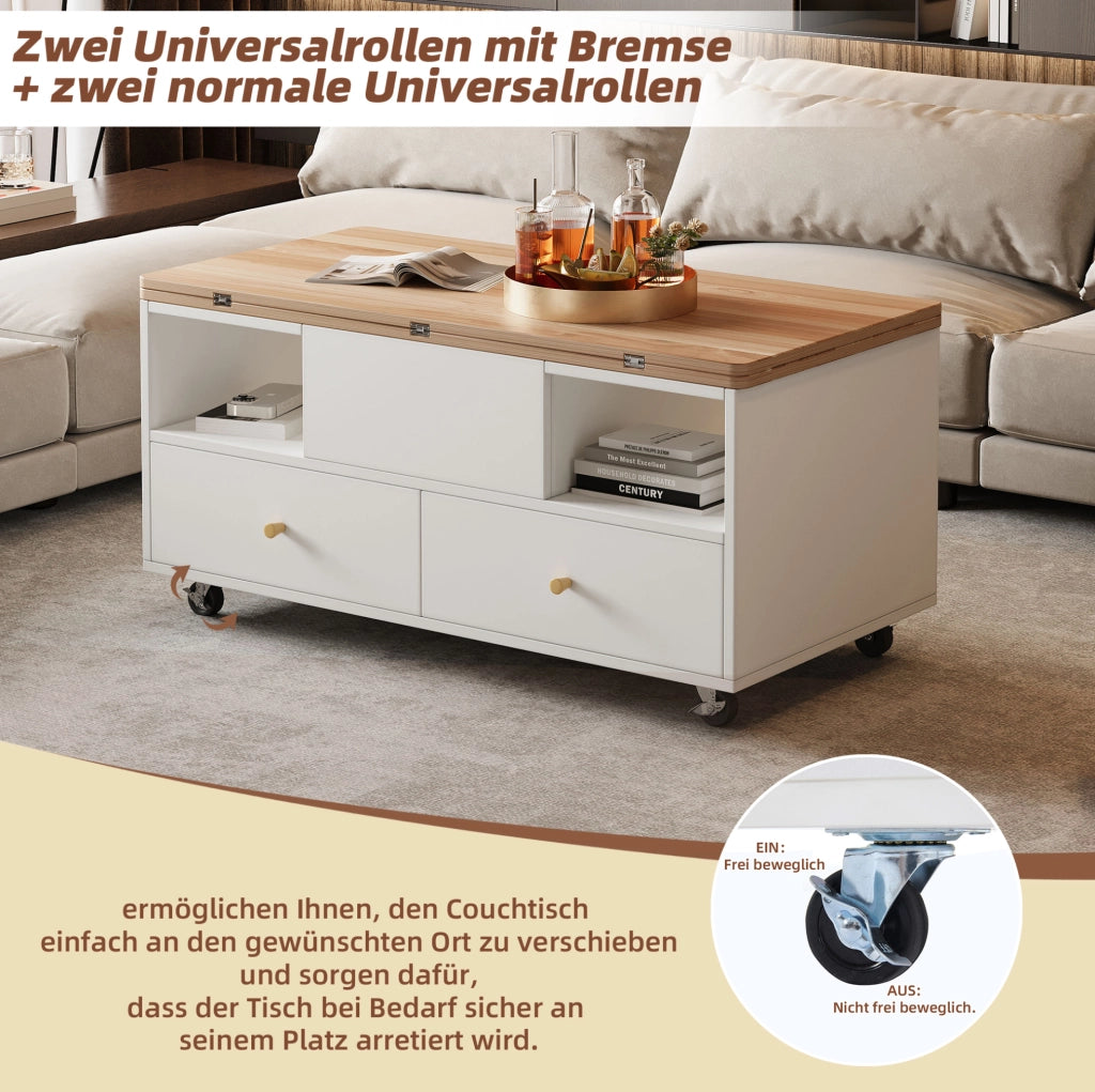 Tavolino da caffè elevabile MDF con 4 cassetti e ruote