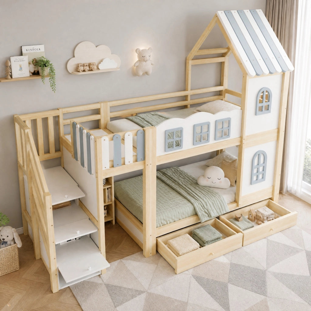 Letto a castello per bambini a casetta 90x200 cm con scala contenitore; bianco grigio legno naturale