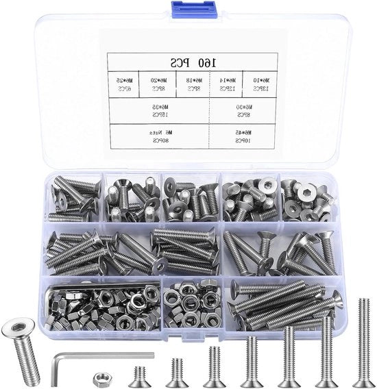 Set di viti e dadi premium a 160 pezzi - M6 - viti a cilindro complete con dadi - viti a coda di rondine.