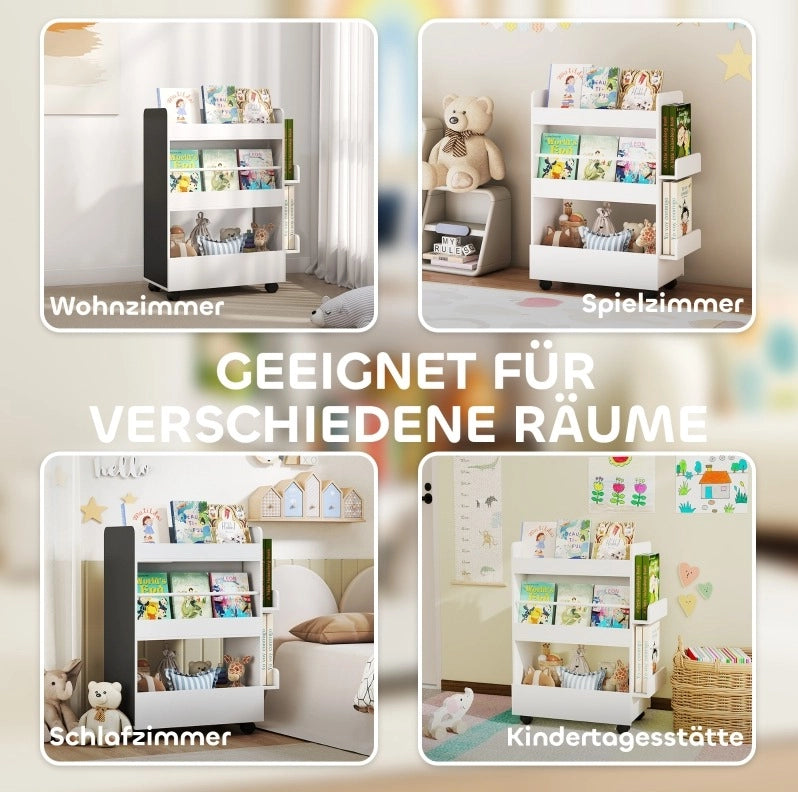 Scaffale libri bambini con lavagna e ruote, bianco