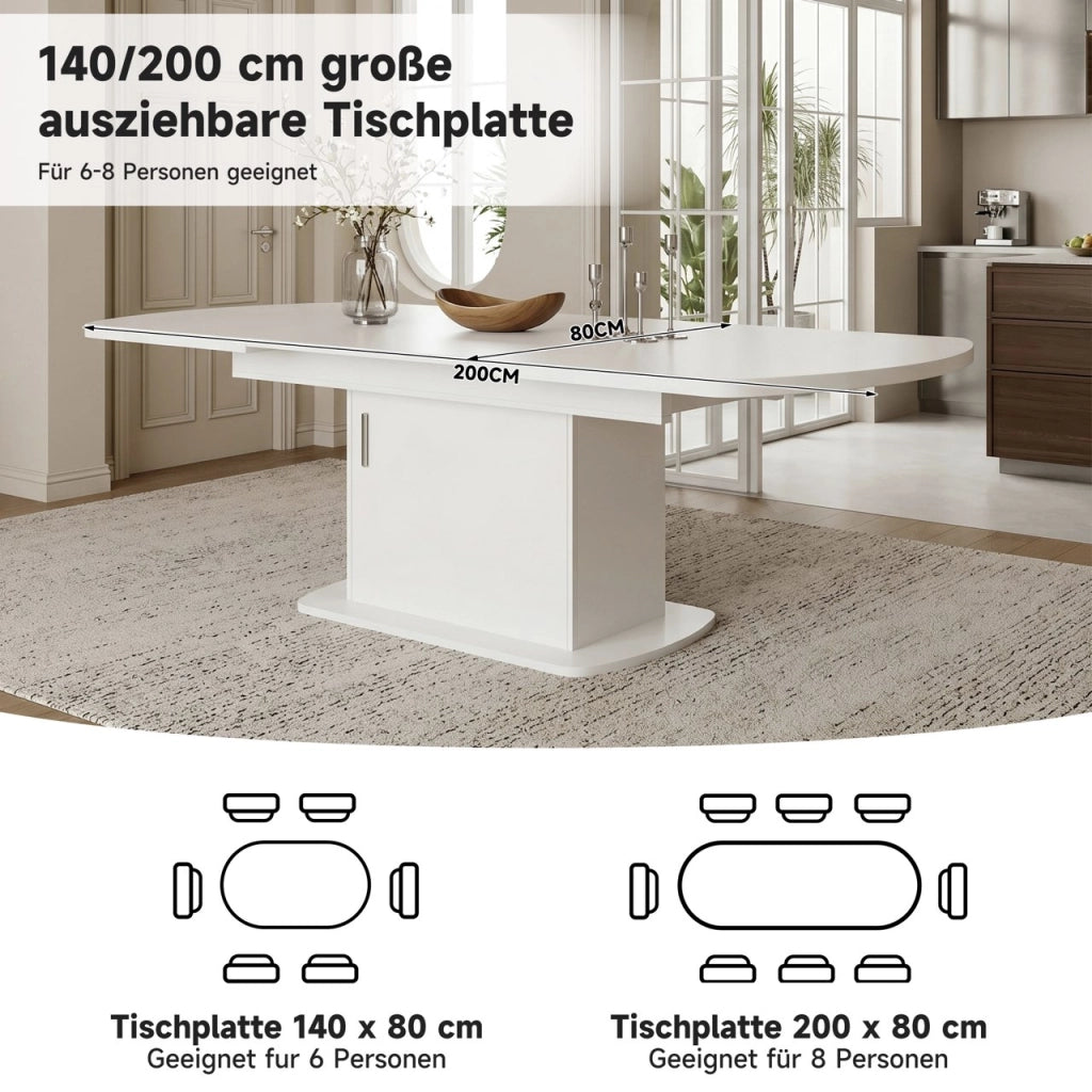 Tavolo da pranzo allungabile ovale con vani contenitore e ante, per sala da pranzo e cucina, in truciolare, bianco