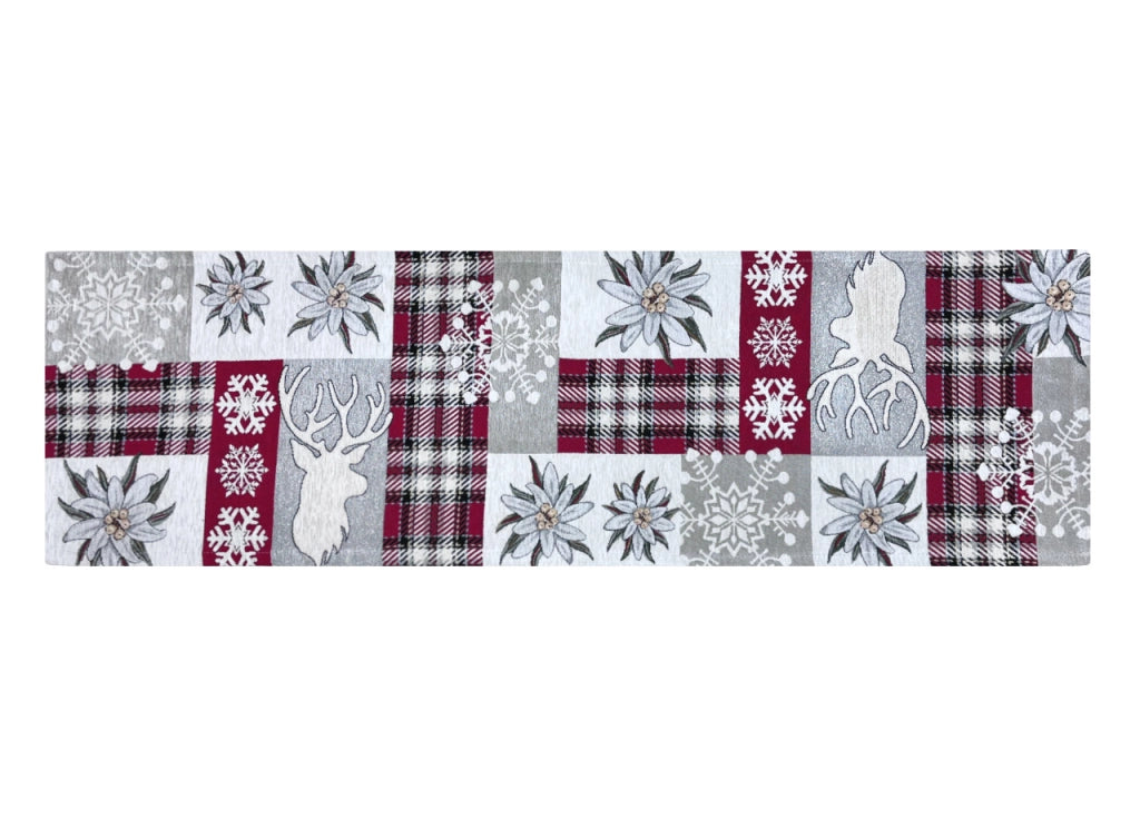 Tovaglia Centrino Runner Tavola Fantasia Edelweiss Cervo Made Italy - 40x180 - Rosso