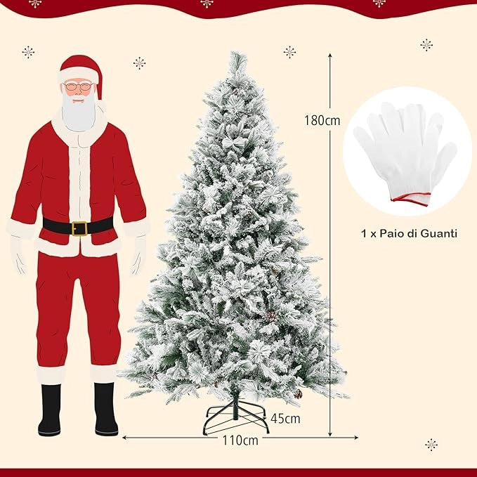 Albero di Natale Innevato 136/180 cm, Albero di Natale con 160/240 Luci LED, 472/850 Rametti di PE PVC, 26/34 Pigne, Aghi di Pino e 8 Modalità di Illuminazione (180 cm)