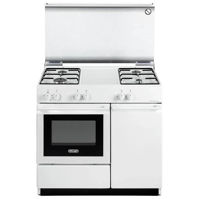 de longhi SEW8540NEDM Cucina a Gas 4 Fuochi Forno Elettrico con Grill Bianco 86x50 cm con Coperchio e Vano Portabombola