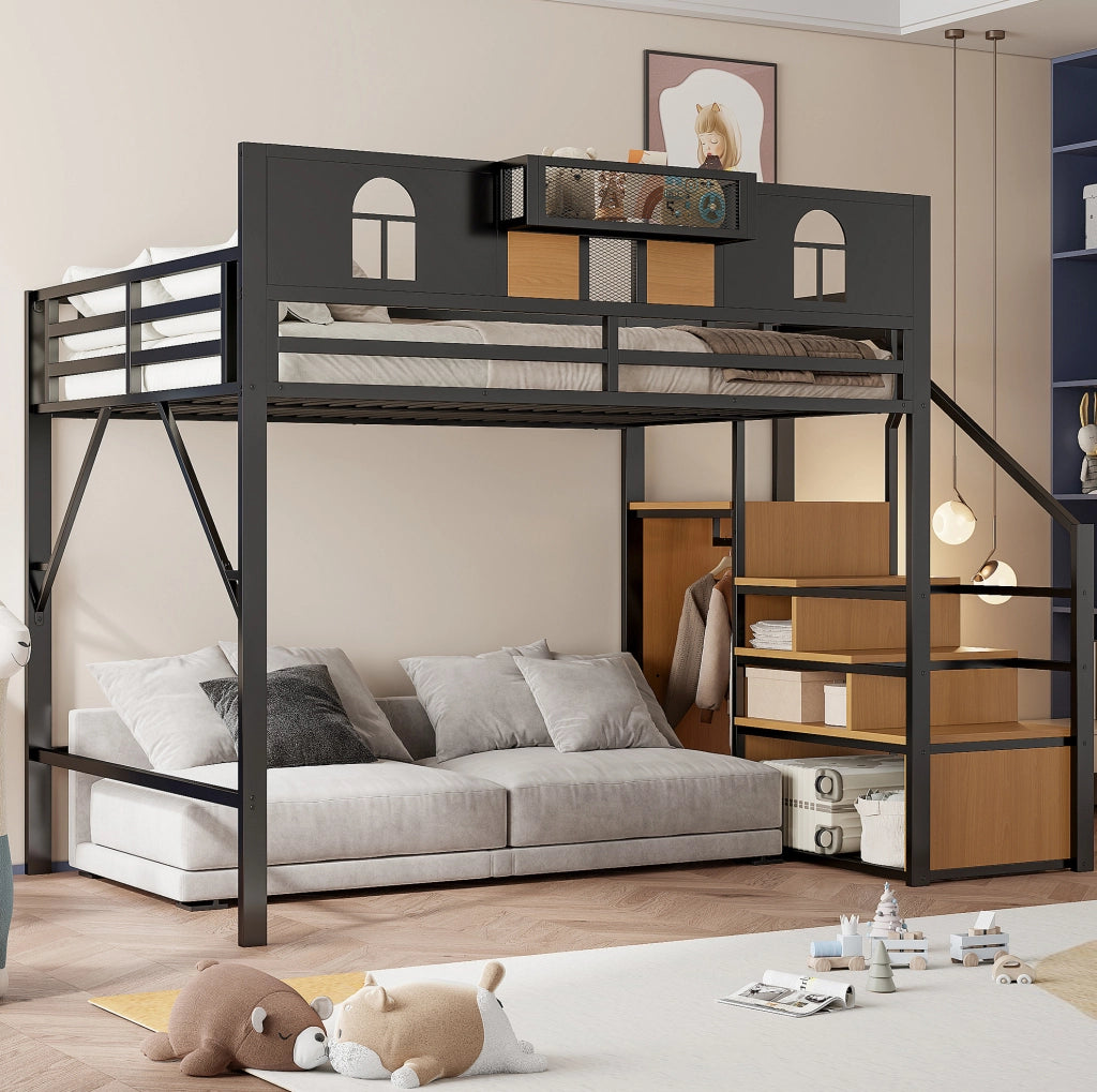 Letto a soppalco 140x200 cm in metallo e MDF con scala contenitore nero