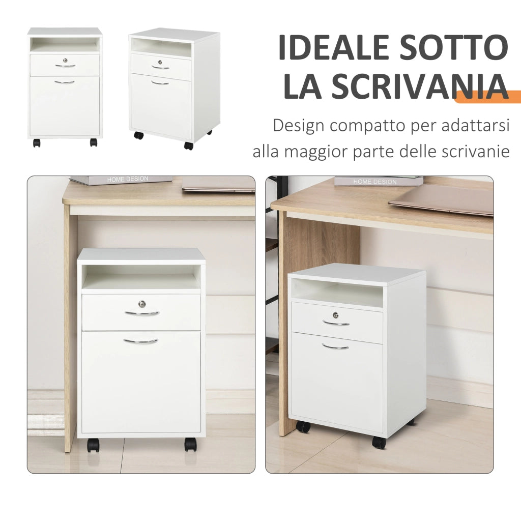 EasyComfort Schedario da Ufficio con Cassetto, Ruote a Freno e Ripiano Aperto, Cassettiera Ufficio con Serratura e 2 Chiavi per Lettera/Legale/Formato A4, Armadietto per Studio, 40x35x60cm, Bianco