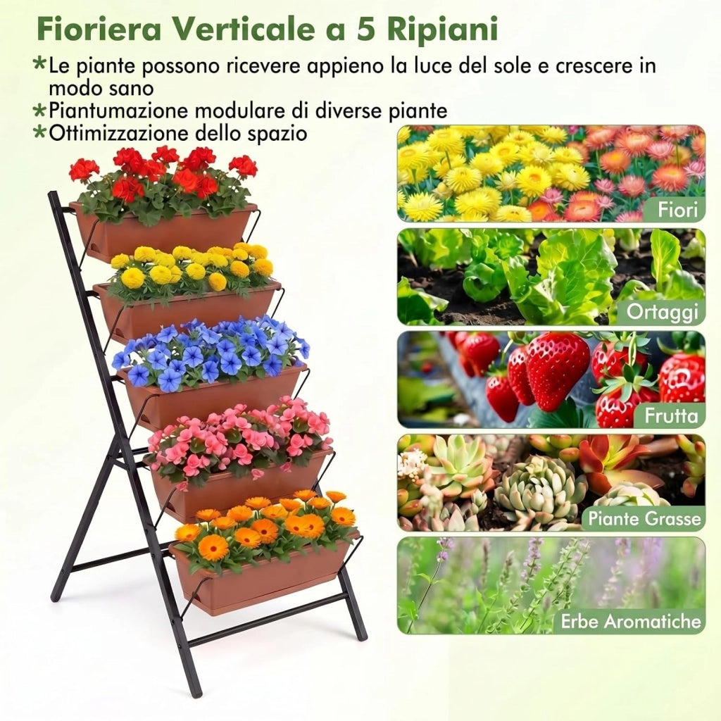 Fioriera Verticale a 5 Livelli, Orto Rialzato a Scaletta da Interno e Esterno, Scaffale Porta Piante Salvaspazio in Metallo con Fori di Drenaggio e 5 Sottovasi Rimovibili (Terracotta)