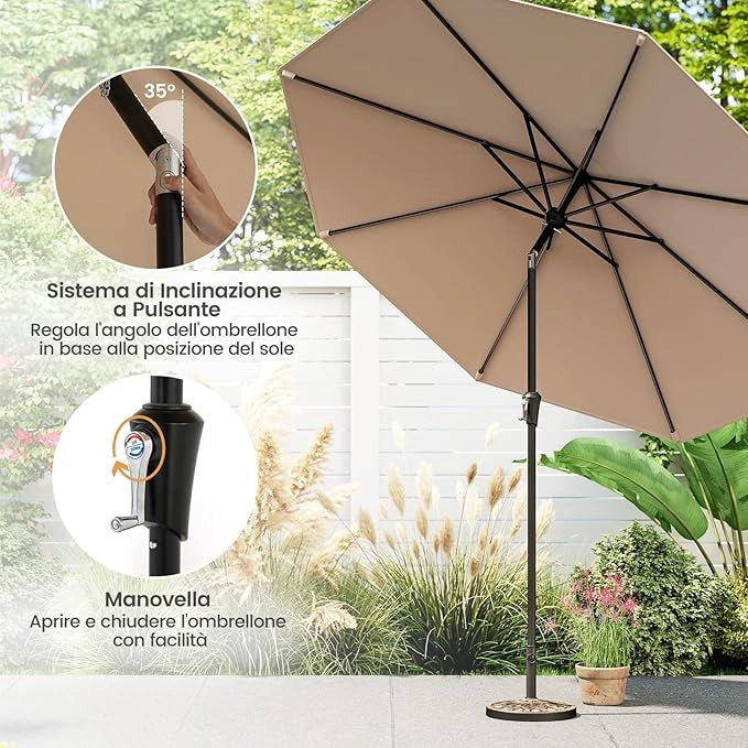 Ombrellone da Giardino 270 cm, Ombrellone da Esterno con Inclinazione Regolabile, Manovella, 8 Stecche, Tettuccio Ventilato, Ombrellone Parasole per Spiaggia, Bordo Piscina