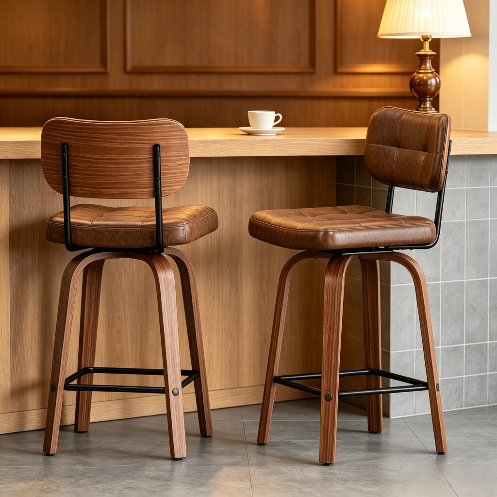 Sgabello da bar con schienale ergonomico e anello antiscivolo stile scandinavo in pelle pu e legno walnut brown