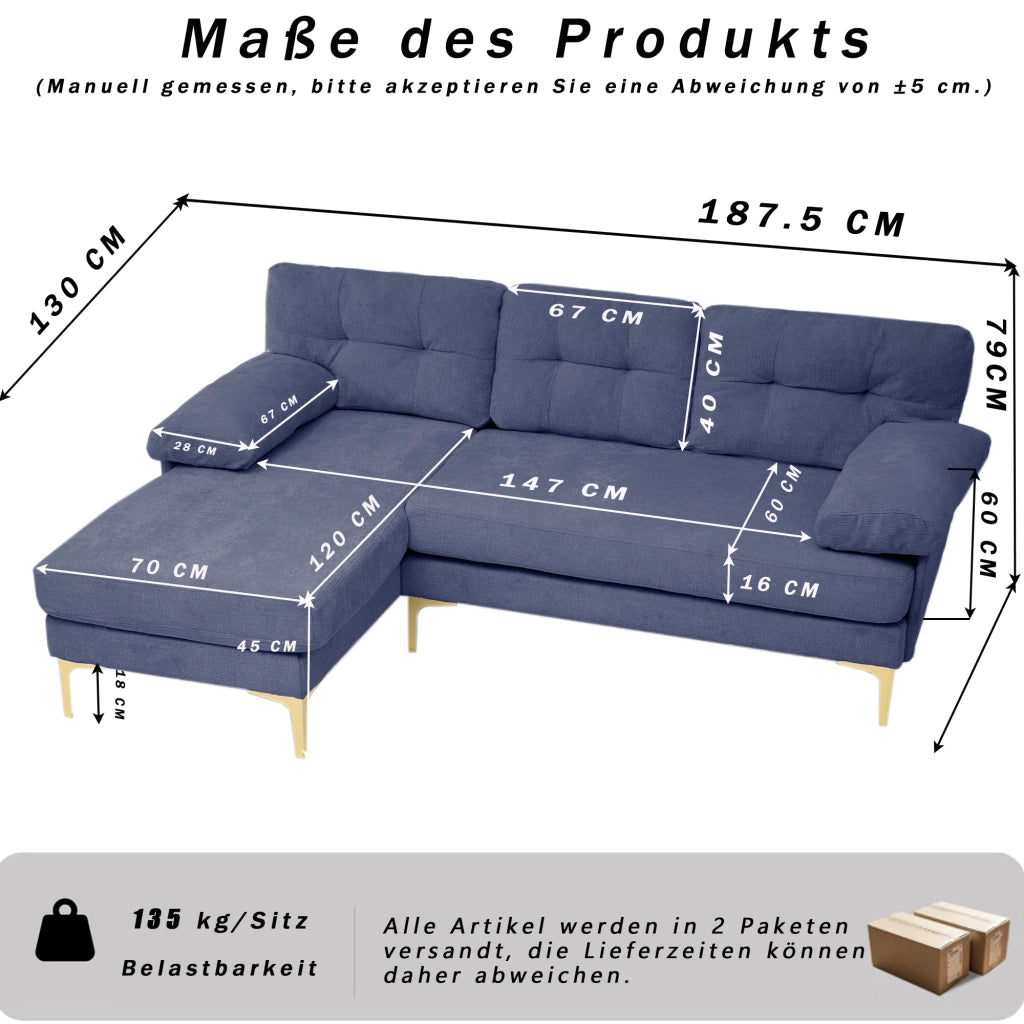 Divano angolare reversibile a 3 posti con cuscini imbottiti, braccioli larghi, struttura in legno, in tessuto chenille blu
