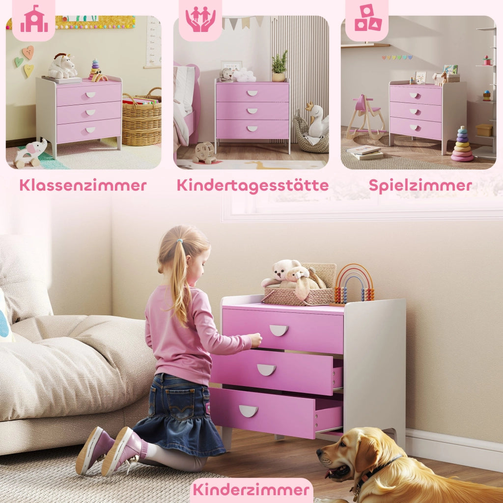Cassettiera per bambini con 3 cassetti ¨C zephmum ¨C rosa e bianco, MDF