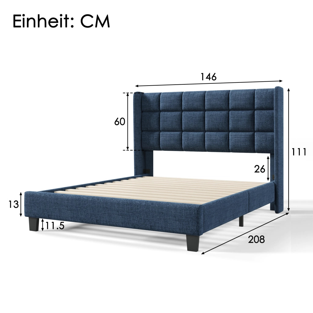 Letto matrimoniale – 140x200 cm – testiera imbottita rete – lino blu