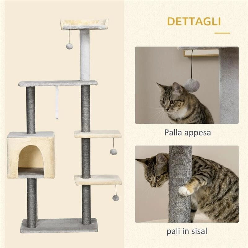 TIRAGRAFFI PER GATTI ALTO 156 CM CON LETTINO, CASETTA E PALI TIRAGRAFFI IN SISAL