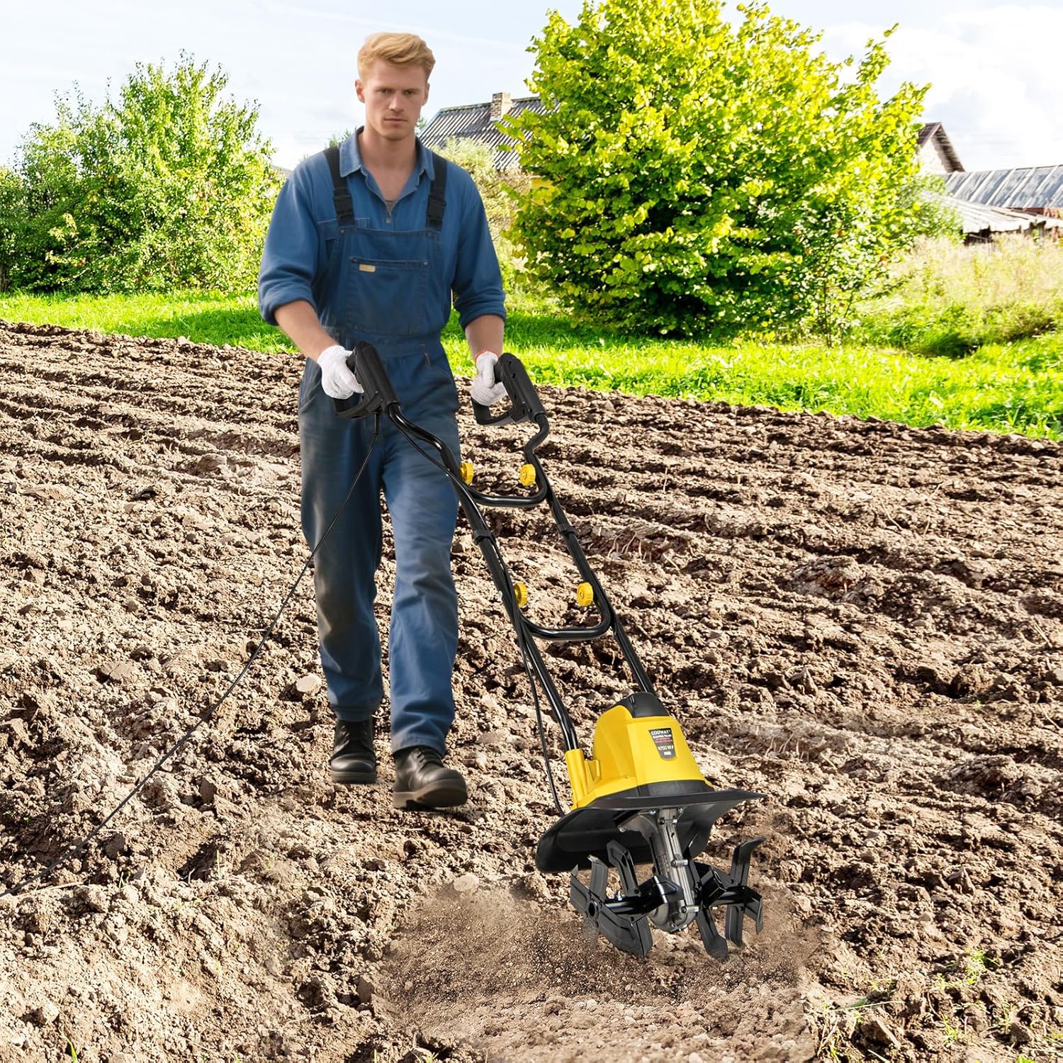 Motozappa Elettrica a Filo, Zappatrice da Giardino con Manico Ergonomico e Motore Forte, Motocoltivatore Pieghevole per Scavare Terreno del Prato (32,5 x 24 x 138 cm,Giallo)