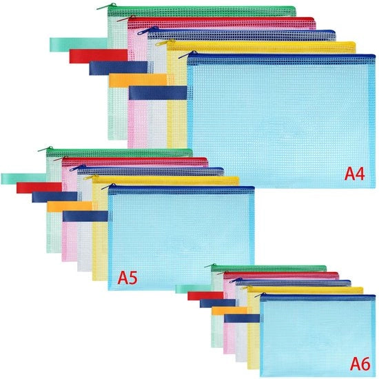 Documenti A4+A5+A6, 15 tascabigli con cerniera, sacchetto impermeabile in rete di plastica con cerniera per documenti, carta, cosmetici, compiti e accessori da viaggio