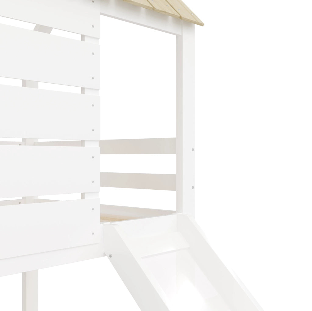 Letto a castello a casetta 90 x 200 cm con scivolo e 2 cassetti; bianco e naturale