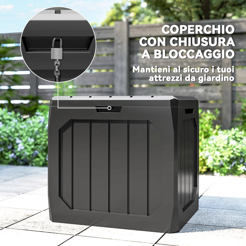 Baule da Giardino 56x45x53 cm Capienza 121L con Maniglie in Plastica Impermeabile Nero