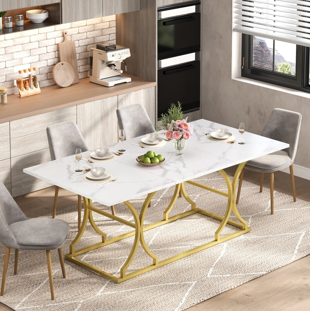 Tavolo da pranzo 200x80 cm in MDF effetto marmo bianco con gambe oro