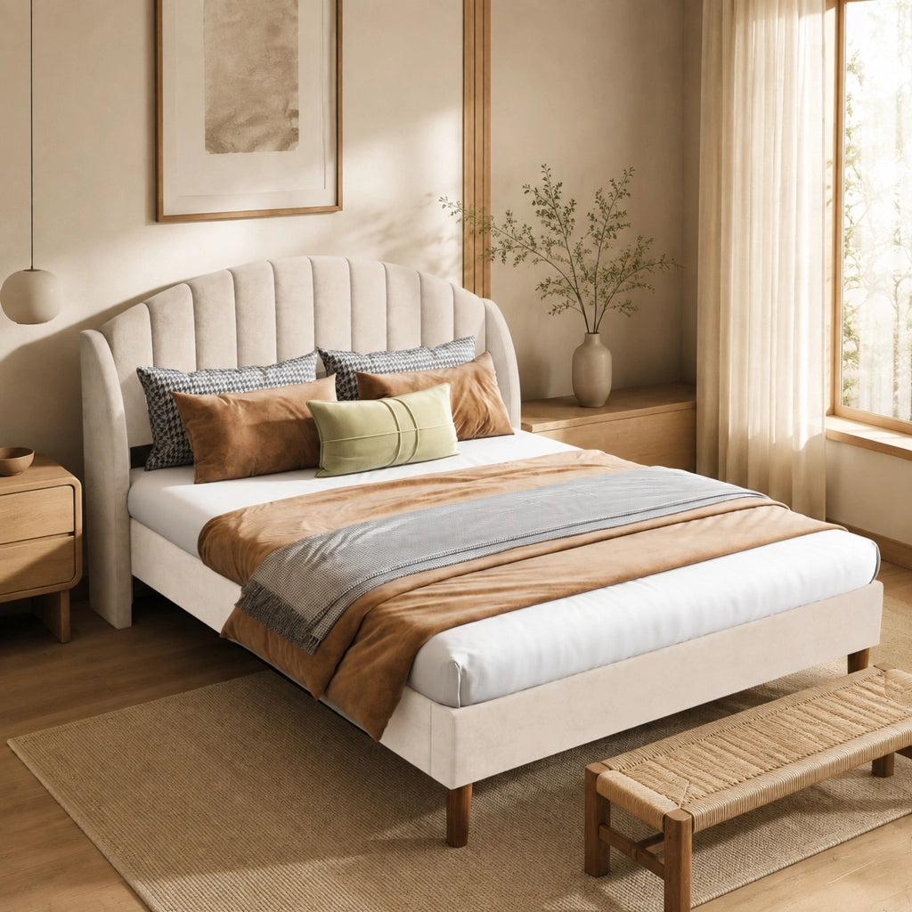 Letto imbottito beige 140x190 cm in velluto con rete a doghe