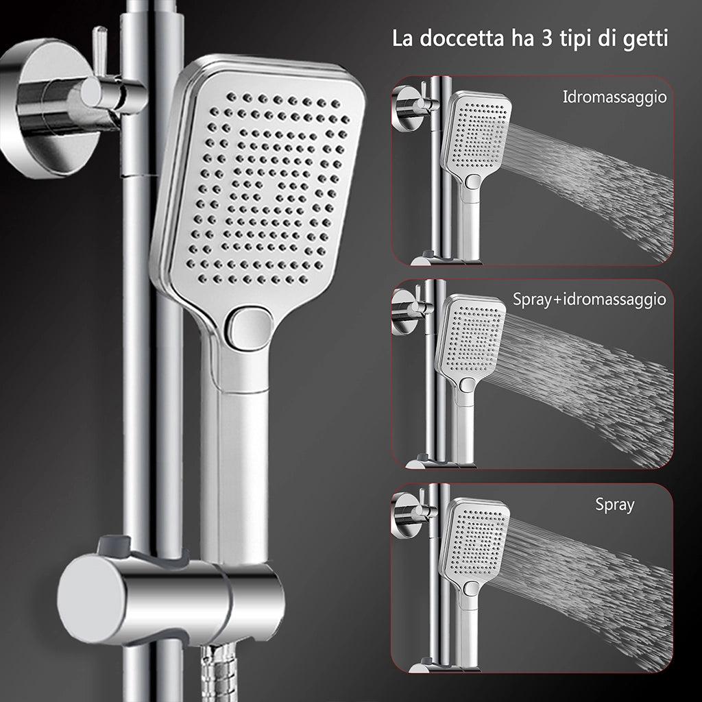 Grande soffione doccia 30x30cm con miscelatore termostatico e doccetta 25x10cm, cromo