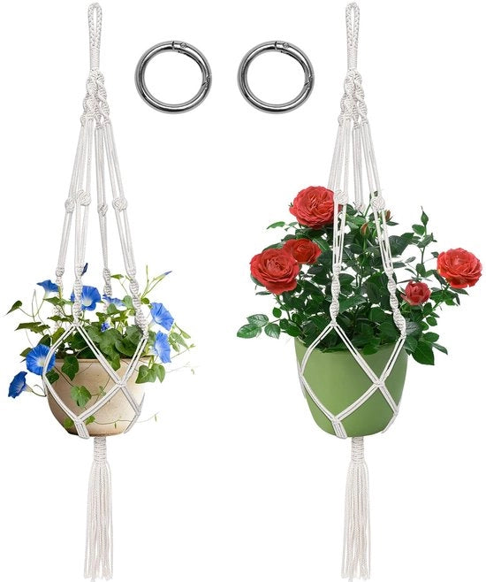 Set di Corda Macramé per Sospensione di 2, Corda di Canapa Beige, Vasi da Sospensione con 2 Anelli Sferici per Interno, Esterno, Giardino, Balcone
